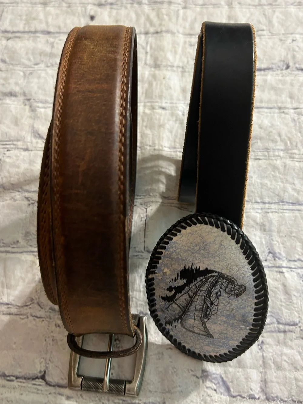DISTRESSED RUSTIC BROWN CHANGEABLE BUCKLE & RUGGED BLACK  GRAPHIC BUCKLE BELTS